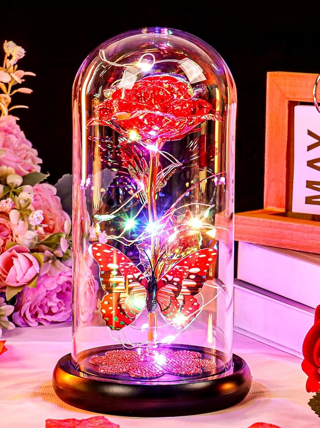 Mothers Day Rose Gifts for Mom Birthday Gift for Women Galaxy Glass Rose in Glass Dome Forever Eternal Crystal Roses with Butterfly Mother's Day Flower Gifts for Women Wife Grandma Daughter Sister Red