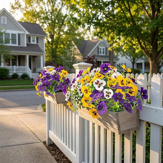 Rowfad 36 Pcs Artificial Fake Pansy Flowers for Outdoor, Faux Silk Pansies Spring Flowers for Outside for Planter Front Door Porch Yard Patio Window Box Home Decor (36, Purple, Yellow, White)