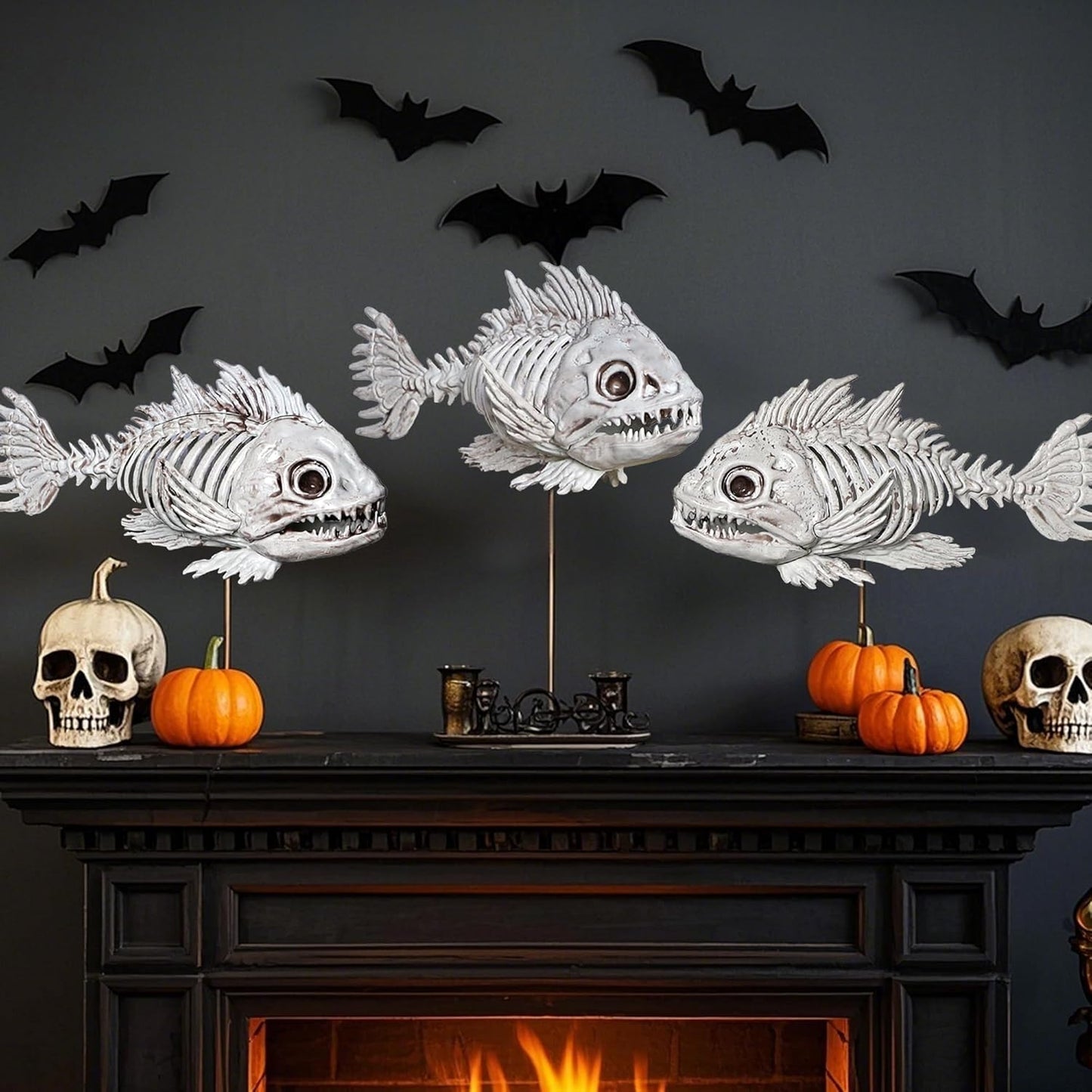 DR.DUDU 3 Pack Skeleton Fish Halloween Decor, Animals Skeleton Decorations Plastic Skull Fish Bones Figure Decor for Outdoor Indoor Bedroom Tank Party Props