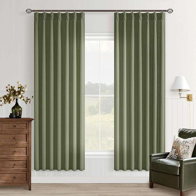 Olive Green Linen Semi Sheer Curtains 72 Inch Length 2 Panels Living Dining Room Pinch Pleated Light Filtering Boho Farmhouse Curtains for Bedroom Pinch Pleat Back Tab Moss Green Sunroom Cabin Closet
