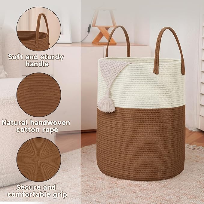 JMvicyroam Large Woven Laundry Basket Hamper,100L Cotton Rope Storage Bin for Blankets,Toys and Clothes,Decorative Tall Nursery Hamper for Living Room,Baby Nursery,Bathroom and Bedroom,White and Brown