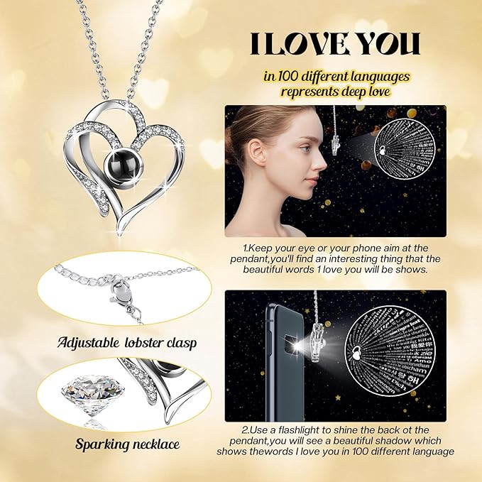 Pasuvsigt Mothers Day Mom Birthday Gifts for Women, Preserved Real Rose with I Love You Heart 100-Language Necklace, LED Lights & Music Box, Anniversary for Women Girlfriend Mom