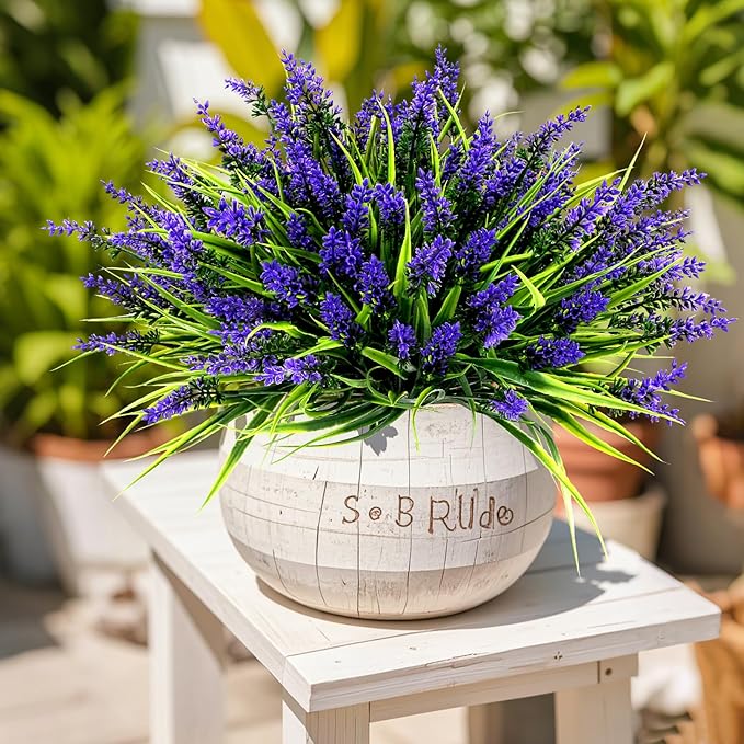 Geegoods Artificial Plants Flowers Outdoor – 24 Bundles UV Resistant Faux Lavender Flowers with Monkey Grass for Garden Porch Window Patio Hanging Planter Decor