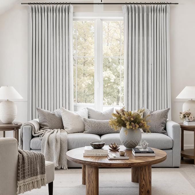 Grey Pinch Pleated Linen Curtains 96 Inch Length 2 Panels for Living Room Bedroom Textured GreySemi Sheer Drapes Pinch Pleat Rings Window Curtain 40x96