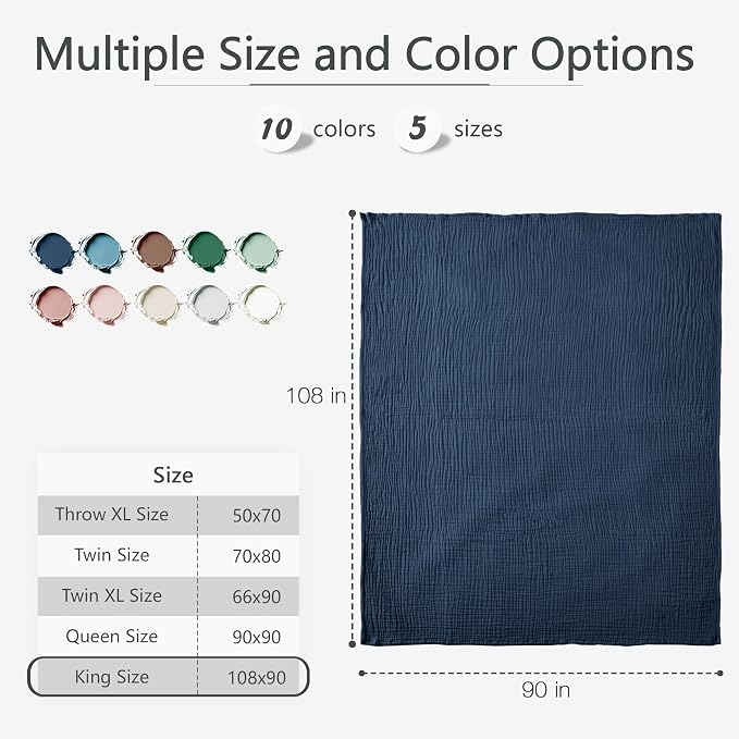 Carriediosa 100% Cotton Muslin Throw Blanket 108" X 90" King Size,4-Layers Summer Gauze Throws for Bed Couch,Soft Lightweight Breathable Linen Blankets Bedspread for Adults All Season,Navy Blue
