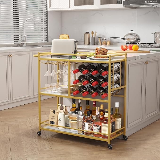 Lifewit Bar Cart for The Home, 3 Tier Drink Cart with Lockable Wheels, 12 Wine Rack and 3 Rows Glass Holders, Liquor Serving Cart for Livingroom, 80 x 33.2 x 86 cm/31.6 x 13.1 x 33.9 inch Gold