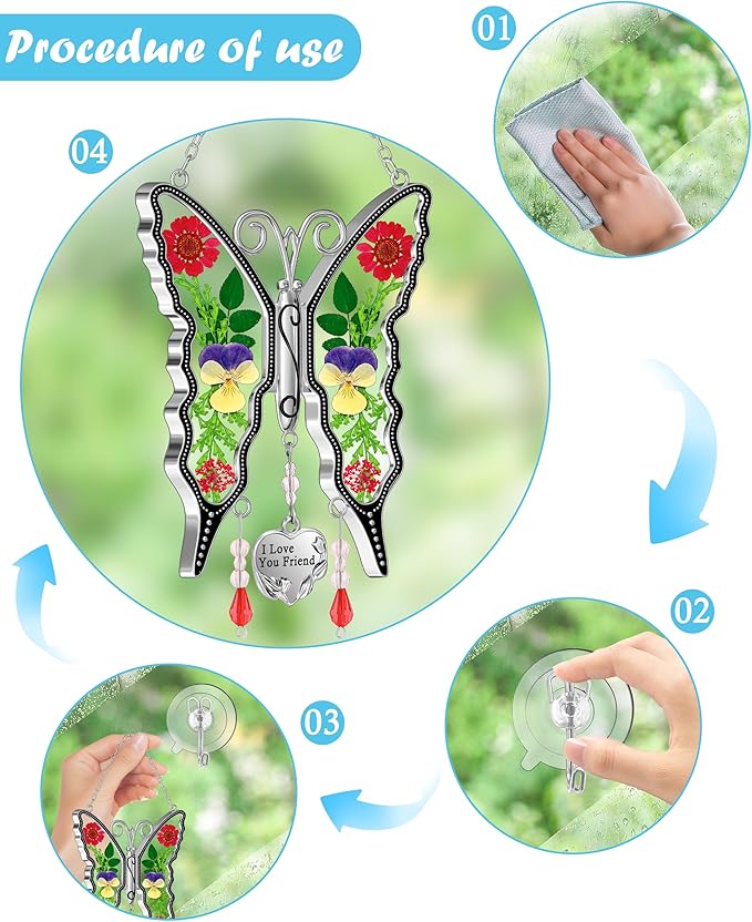 KY&BOSAM Butterfly Suncatcher I Love You Friend Stained Glass Butterfly Suncatchers Hanging for Window Wind Chime Car Charms Gifts for Friend Mother`s Day Valentine's Birthday Christmas Thanksgiving