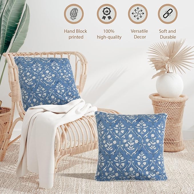 Ridhi Block Print Cornflower Blue Pillow Cover 18" x 18" (Pack of 2) Decorative Couch Pillows for Living Room, Chic Boho Cute Outdoor Pillows Covers Gifts for Spring, Easter and Valentine