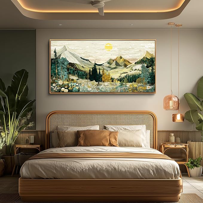 XIGUANGART Large Canvas Wall Art - Abstract Painting Decor, Mountain Pictures, Vintage Flower Boho Framed Painting,Modern Rustic Farmhouse Landscape Art Prints for Bedroom Office Decoration, 20x40 IN