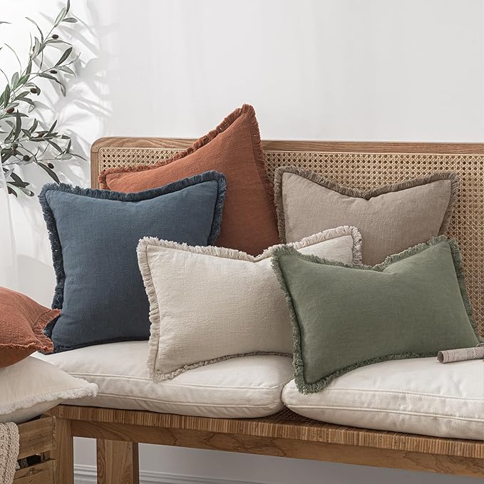 MIULEE Decorative Throw Pillow Covers Neutral Linen Fringe Throw Pillows Set of 2 Dune Boho Farmhouse Cushion Covers with Tassels for Couch Sofa Bed Living Room Spring Decor 18x18 Inch