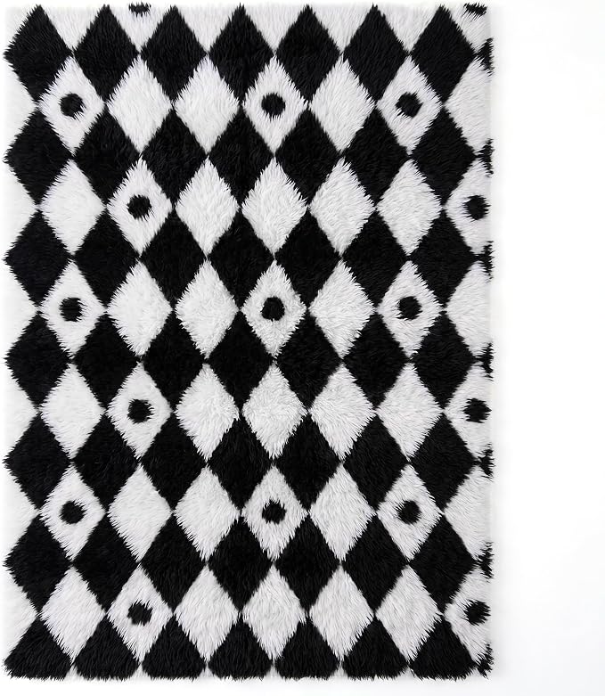 PureCozy Checkered Rug 4x6 Fluffy Shag Living Room Black and White Area Rug Modern Washable Carpet Soft Shaggy Non Slip Indoor Plush Fuzzy Rugs for Bedroom Dorm Office Home Aesthetic Decor