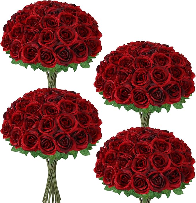 36 Pcs Burgundy Artificial Roses with Long Stems, Fake Silk Rose Artificial Flowers Bulk for Bridal Wedding Bouquet Centerpiece Ball Arrangement Party Decor