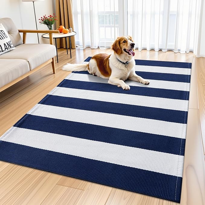 OLANLY Navy and White Striped Rug 3' x 5' – Washable Cotton Indoor Outdoor Doormat for Front Door, Entryway, Kitchen, Porch, Patio Decor