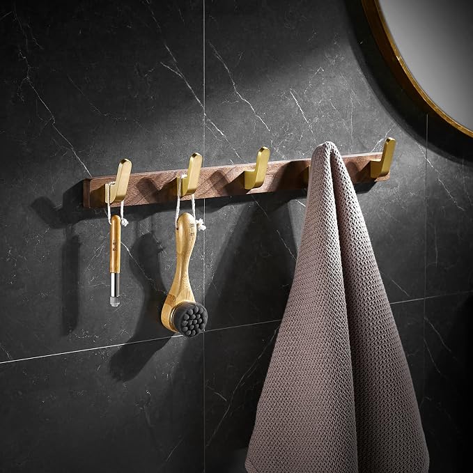 Wall Mounted Coat Rack, Entryway Hanging Coat Rack, Metal Wood Coat Rail with 5 Rustic Hooks Rail for Coat, Scarf, Bag, Towel, Key, Cap, Hat, Walnut Gold Matt