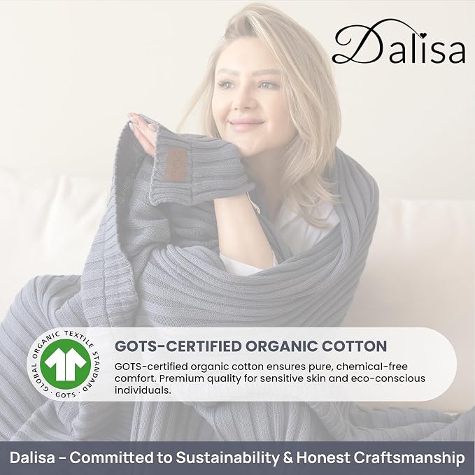 Dalisa 100% Organic Cotton Knit Throw Blanket, Grey-Blue, 60x80 Inches, GOTS-Certified, Crochet Knit, Adult, Eco-Conscious Luxury, Lynx-Inspired Pattern
