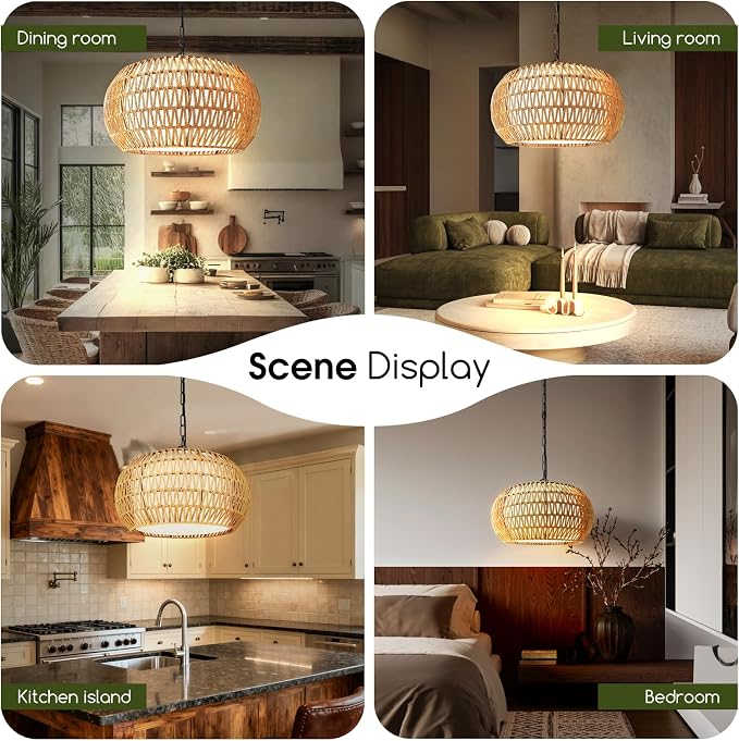 5-Lights Boho Rattan Chandelier for Dining Room, 19" Farmhouse Chandelier Light Fixtures with Fabric Shade, Large Hand Woven Pendant Lighting for Kitchen Island, Living Room