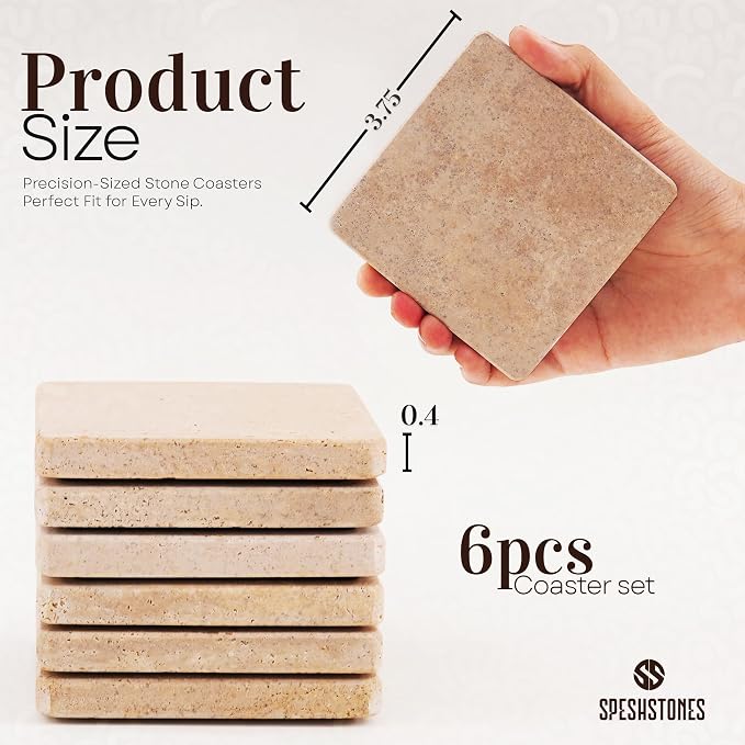 Marble Coasters Set of 6 Square 3.5 Inch Travertine Coaster for Drinks, Ideal Stone Drink Coasters for Gifts, Dining Table & Home Décor (Travertine Coasters Only)