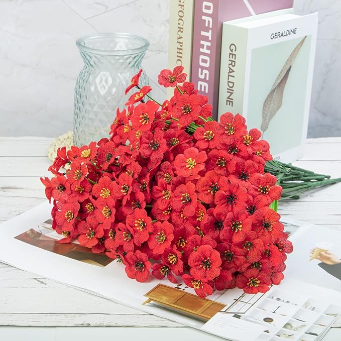 Ouddy Decor 12 Bundles Artificial Flowers for Decorations Fake Silk Plants for Outdoor Indoor UV Resistant Faux Plastic Greenery Stems for Window Box Garden Porch Home Spring Decoration, Red