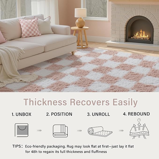 PureCozy Checkered Rug 7x10 for Living Room, Pink and White Modern Shag Rugs Super Soft Washable Indoor Office Fuzzy Carpet Non-Slip Fluffy Rugs for Bedroom Home Aesthetic Decor