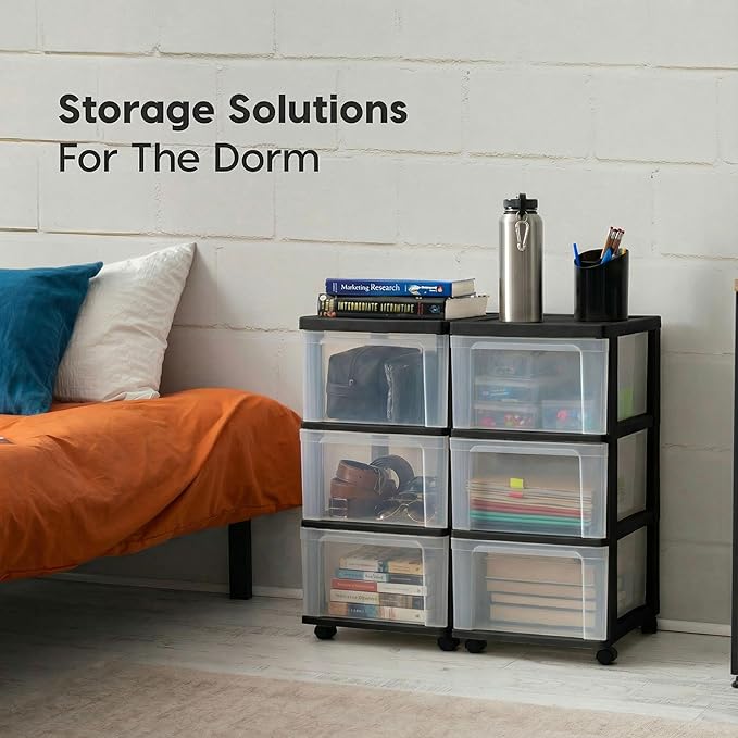 IRIS USA Plastic 3-Drawer Storage Organizer Rolling Cart, with Wheels Casters, 2-Pack, for Classroom Art Supplies Bathroom Dorm Bedroom Laundry Room, Slim Narrow, Black/Clear