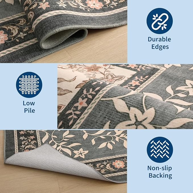 GarveeHome Grey Area Rug 8x10 for Living Room Washable Cottage Core Vintage Farmhouse Low-Pile Non-Slip Large Carpet for Bedroom Dining Room Home Office TPE Backing Indoor Decor