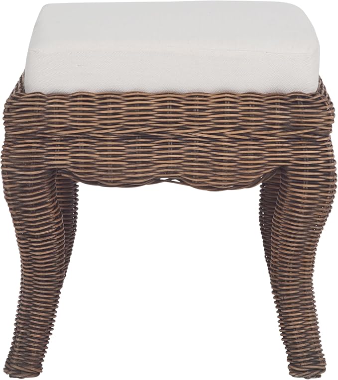 JONATHAN Y Rowan Woven Rattan Vanity Stool with White Cushion, 18.5" Coastal Backless Makeup Chair for Bedroom & Bathroom, Black Wash Mango Wood Wicker Ottoman Footrest VSL1000B
