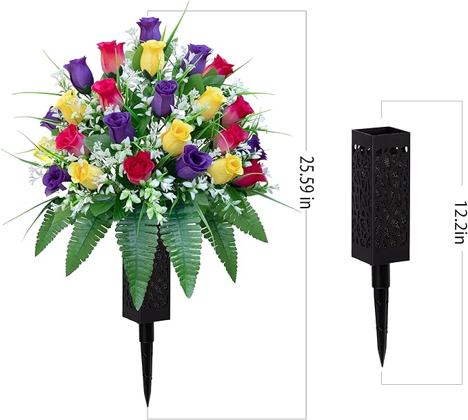 LVXINLI Artificial Cemetery Flowers, Gravesite Decoration Roses, Memorial Bouquets with Cemetery Vase, Vibrant and Long-Lasting Colors (Yellow+Purple+Brilliant Red, 2 Bundles)