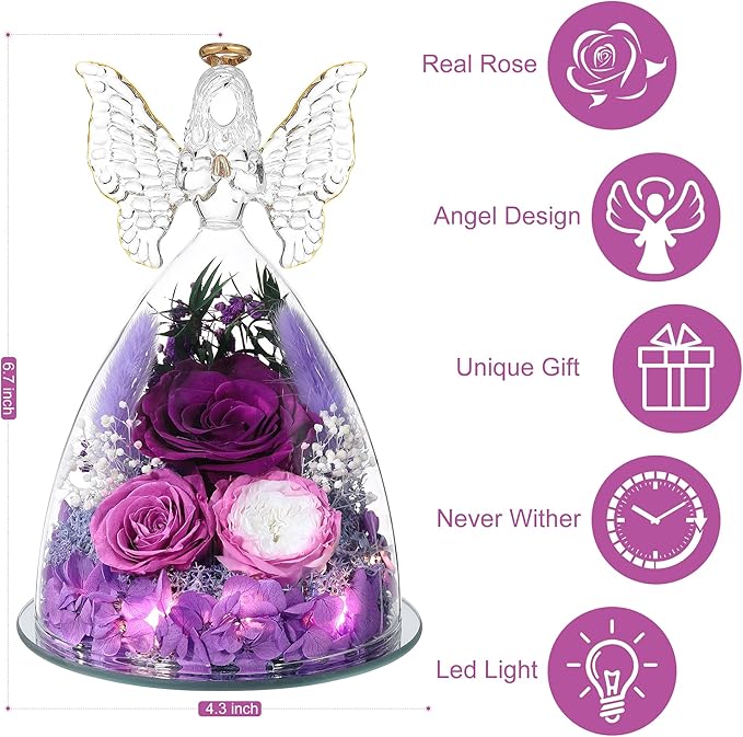 Mothers Day Rose Gifts for Women Preserved Real Flower in Glass Angel Figurines Roses for Delivery Prime Birthday Gifts for Mom Grandma Girlfriend Wife Her, Purple Austin Roses