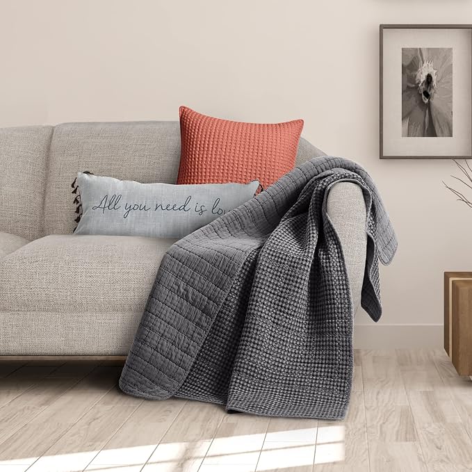 Levtex Home - Mills Waffle - Throw - Charcoal Cotton Waffle - Throw Size 50 x 60in.