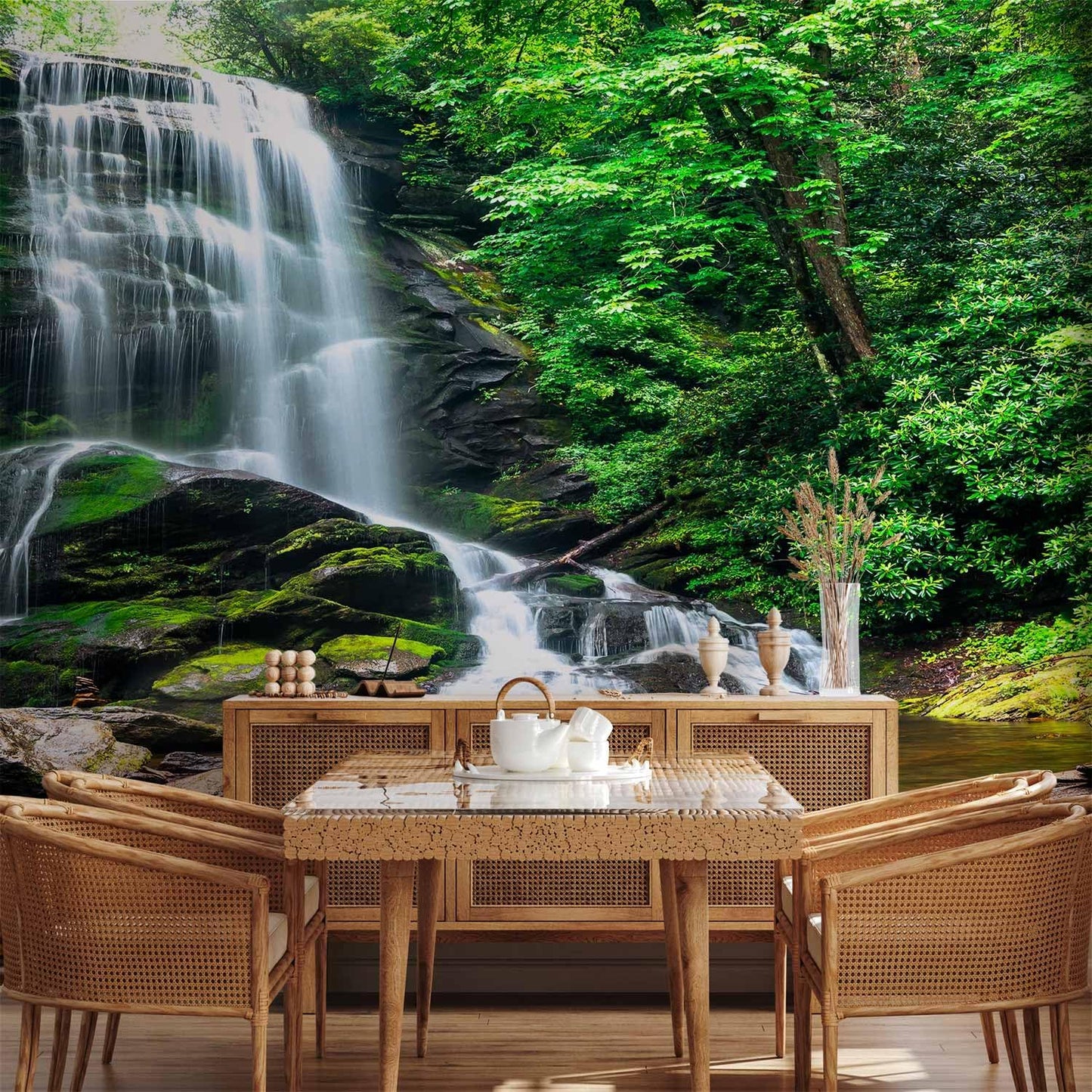 artgeist Wall Mural Waterfall 216x98 in - XXL Non-Woven Corner Wallpaper Fleece Angle Wall Decor Photo Print Picture Image Design Modern Nature Landscape Forest Green Tree c-B-0473-a-a