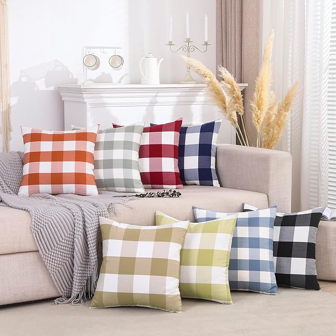 CARRIE HOME Brown Buffalo Check Plaid Couch Pillow Covers 18x18 Set of 2, Neutral Modern Farmhouse Dark Brown Khaki Tan Throw Pillows 18 x 18 for Living Room Sofa (No Pillow Inserts)