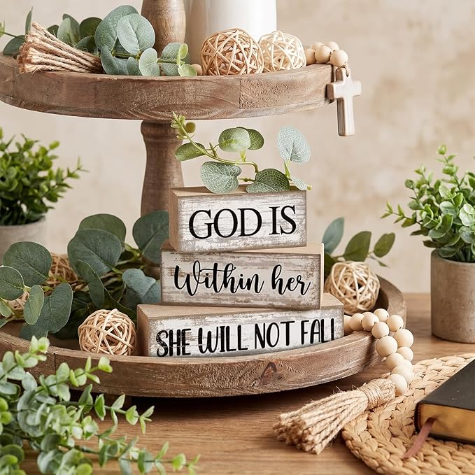 Lineshading 4 Pcs Christian Table Decor Inspirational Religious Gifts for Women God Is Within Her Bible Verse Wooden Block Signs Gift Farmhouse Christian Centerpiece for Mother's Day Home & Office