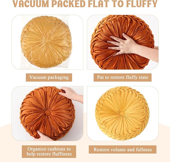 Drydiet 4 Pcs Round Throw Velvet Pillows Decorative Pleated Throw Pillows Diameter Accent Pumpkin Boho Chair Cushion for Couch Sofa Home Decoration (Burnt Orange,Yellow,15'')