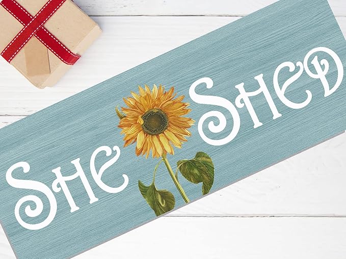 She Shed Decor, Farmhouse Sunflowers Wall Sign for Home Kitchen, Garden, Women Cave, Gift for Girlfriend, Ladies, Tin Metal Signs 16x6