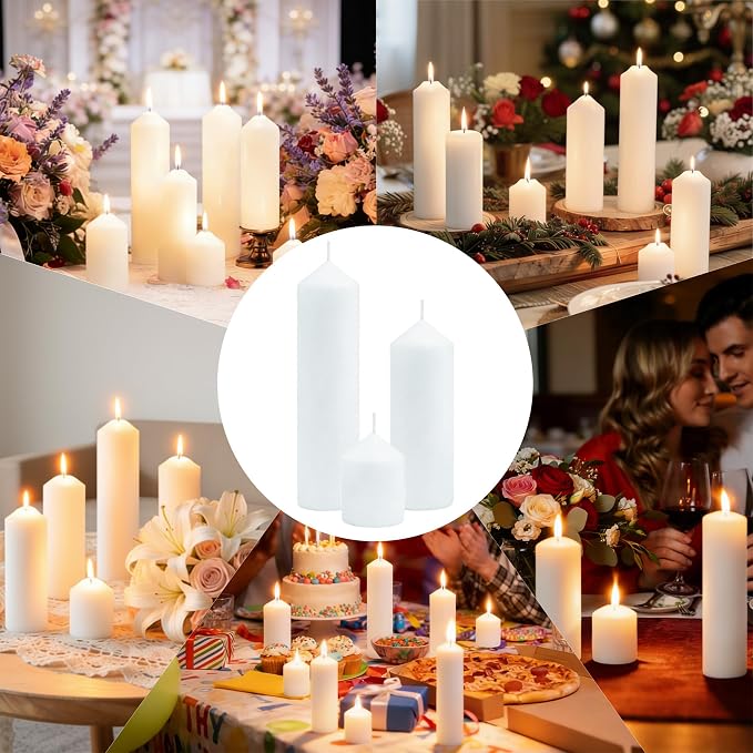 Pillar Candles Bulk Set - Unscented, Smokeless, Dripless | 3 Sizes: 2x3, 2x6, 2x8 Inches | Ideal for Weddings, Christmas & Home Decor (72, White)