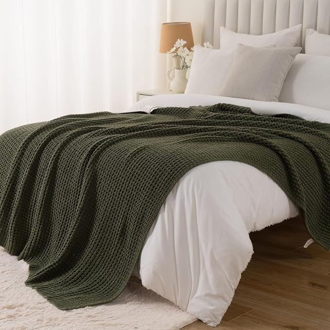 Bunnikins & Clover Olive Green Throw Blanket for Couch, Waffle Knit Blanket Throw, Super Soft Warm Dark Green Throw Blanket for Home Decor,Sofa and Living Room, 60"x80"