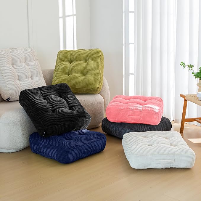 HIGOGOGO 6" Extra Thick Floor Pillow Cushion for Adults, Meditation Cushion Pillow, Large Square Floor Sitting, Tufted Corduroy Cover, for Tatami Living Room or Yoga, 22x22 Inch, Pink