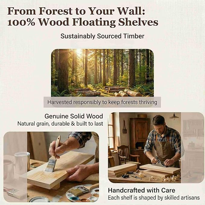 SAUMONIERES Floating Shelves Wall Shelf Solid Wood for Bathroom Bedroom Kitchen Set of 3, White Wall Shelves