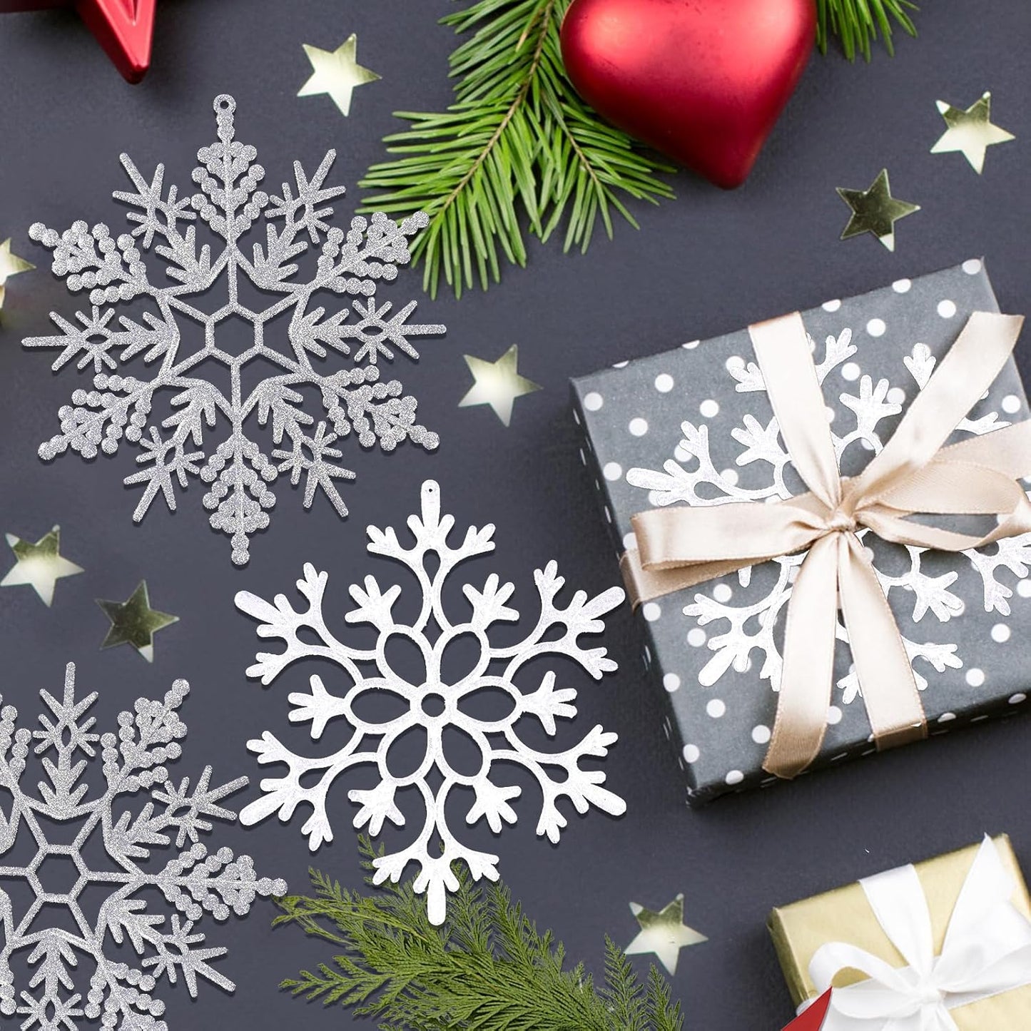 6pcs Large White Silver Snowflakes Ornaments Big Plastic Glitter Snowflake for Winter Indoor Outdoor Christmas Tree Window Room Decorations Giant Craft Snowflakes, 12/11.5 Inch