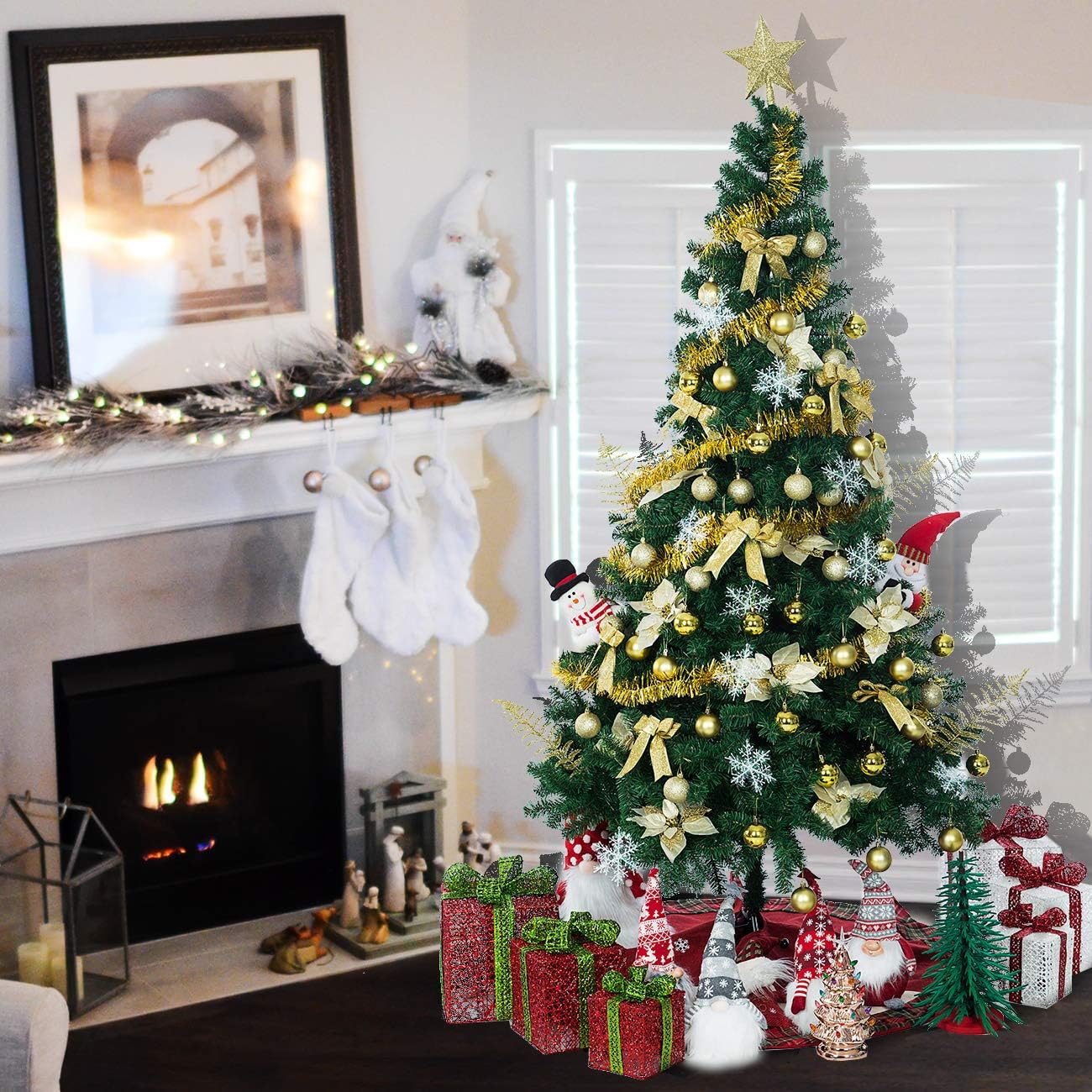 Sunnyglade 94 PCS Christmas Tree Ornaments Set with Glitter Poinsettia, Bows, Ribbons, Leaves & Assorted Decoration Ball for Xmas Tree Holiday Wedding Party Decorations (Golden)