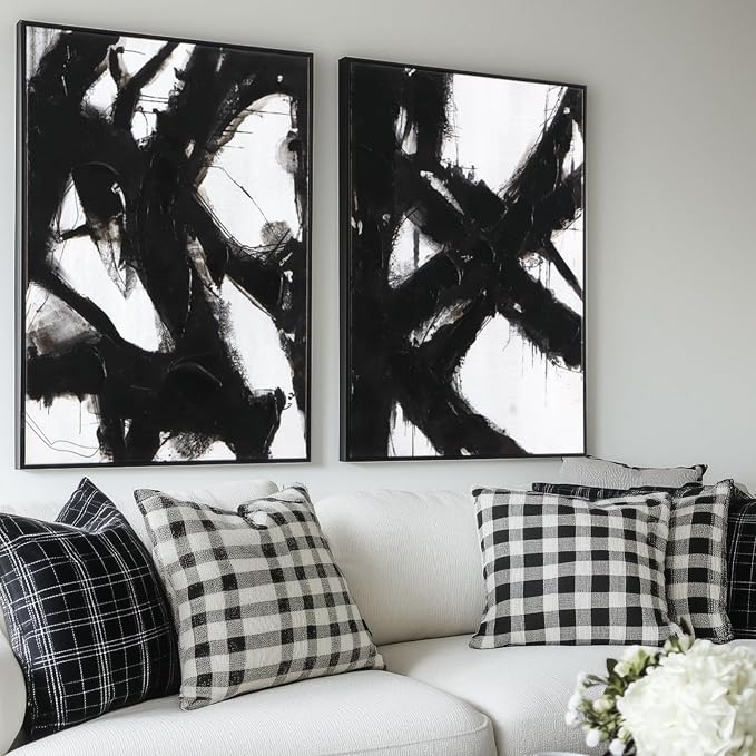 Black and White Abstract Canvas Wall Art – Framed 3 Pieces 20 x 28 Inches Modern Painting Prints with Hand-Painted Texture for Living Room, Bedroom, Office Decor
