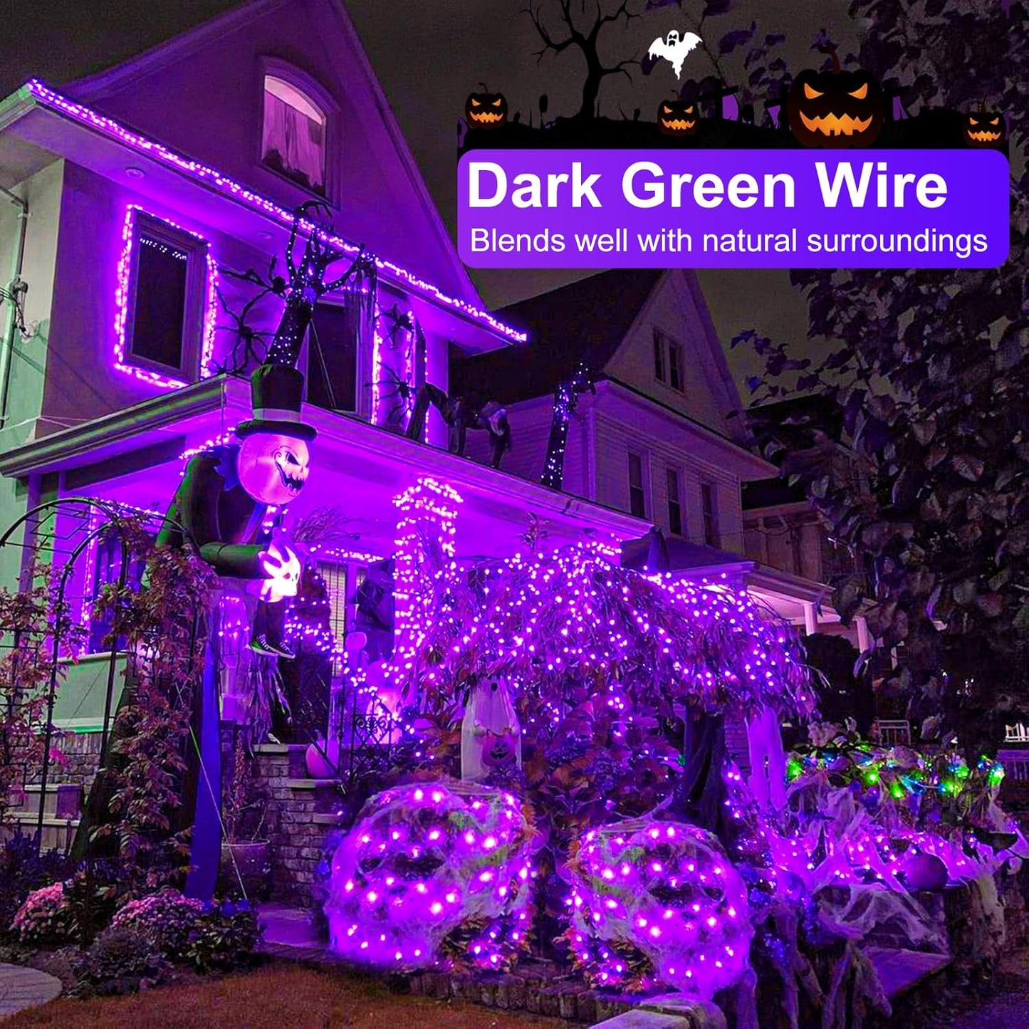 Purple Halloween Lights, 66FT 200 LED Halloween Lights Outdoor with 8 Modes Waterproof, Connectable String Light Indoor Green Wire for Tree Garden Patio Party Holiday Decorations