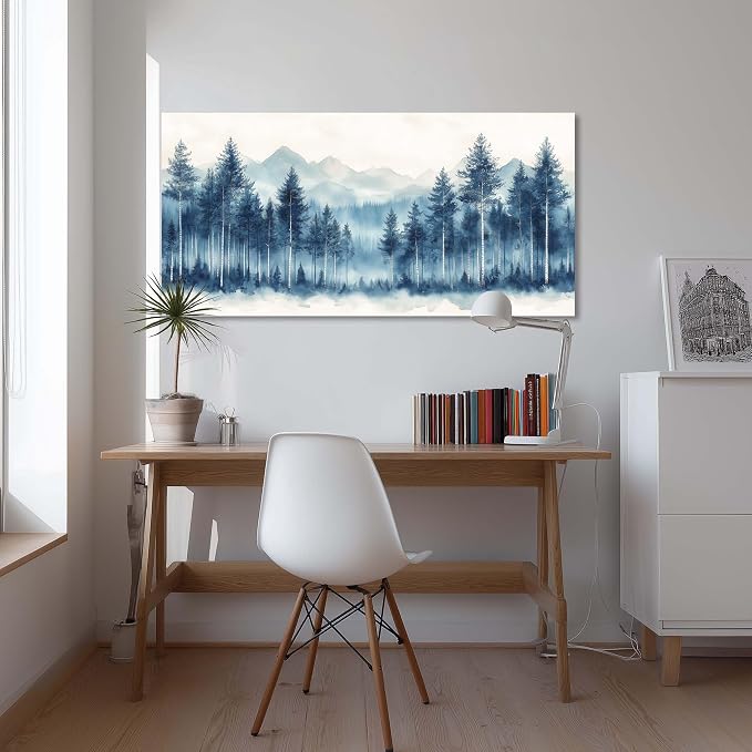 Ggaafet Watercolor Blue Forest Wall Art for Living Room Canvas Painting Prints Beautiful Mountain Woods Landscape Art Deco Nature Artwork Office Bedroom Family Dining Room Decor Extra Large