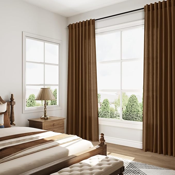 Tobacco Brown Linen Curtains 120 Inch Extra Long for Living Room Back Tab Light Filtering Semi Sheer Drapes Modern Farmhouse Decor Curtain for Floor to Ceiling High Window 52x120,2 Panels