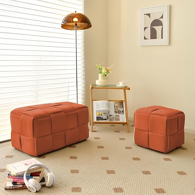 Cmishe 28" Rectangular Woven Corduroy Ottoman Footrest - Large Modern Entryway Bench & Bed End Stool, Sturdy Wood Frame, No Assembly (Orange-L)