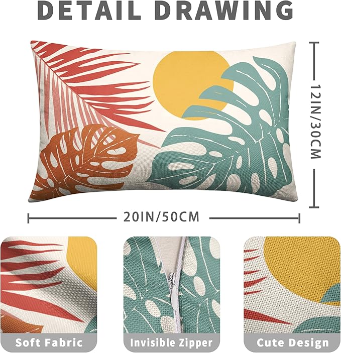 Set of 2 Summer Tropical Leaves Lumbar Throw Pillow Covers Palm Banana Leaf Pillow Covers 12x20 Abstract Sun and Monstera Leaf Cushion Case for Sofa Patio Indoor Outdoor Decor