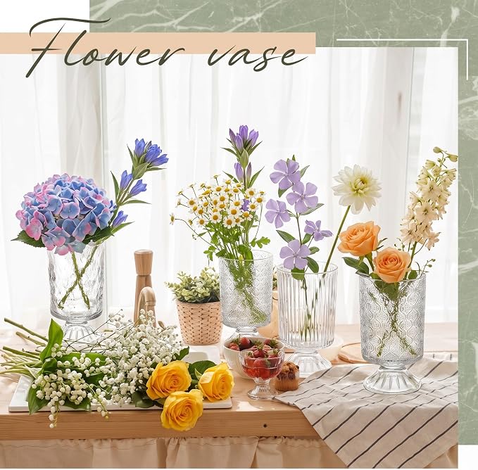 6 Pcs (H: 7" W: 4") Embossed Flower Vase Pedestal Glass Vase Big Base Thickened Crystal Vintage Vases for Wedding Party Home Decor Table Centerpiece House Warming Gifts (Clear,Classic)
