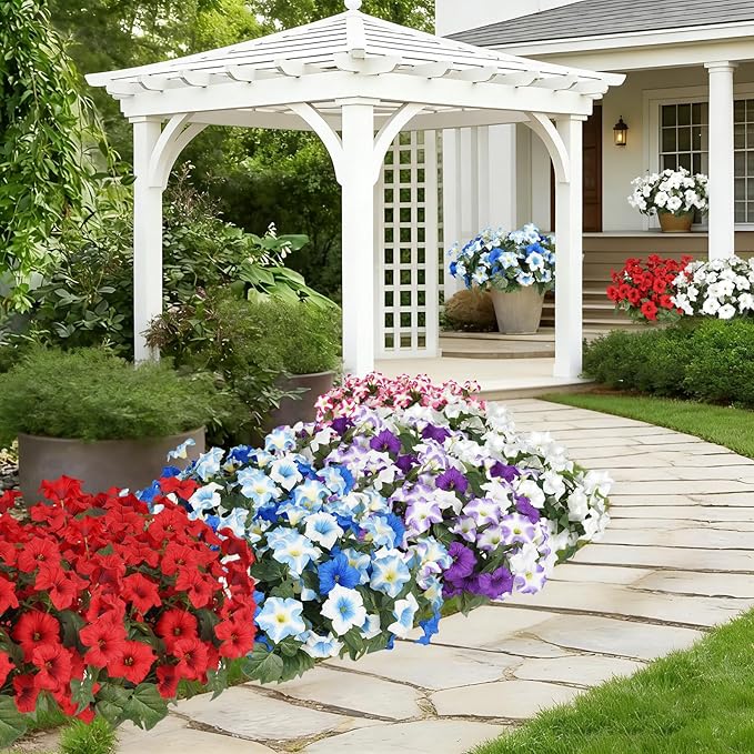 Artificial Flowers for Outdoors, Faux Petunias Spring Summer Decoration, Fake Flowers Plants UV Resistant Look Real Silk Flowers for Outside Planter Front Door Porch Patio Yard (6, Red)