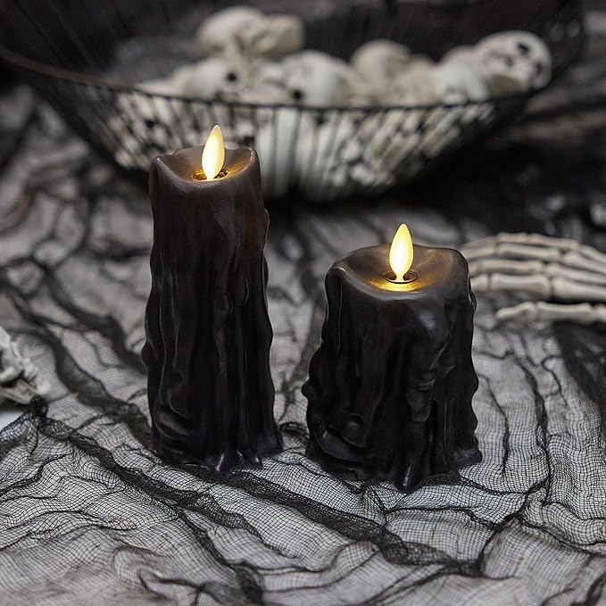 Luminara Heavy Wax Drip Flameless LED Candle, Black 3.4" x 4.5", Timer Function, Real Wax Pillar, Battery Operated Unscented Safe, Long-Lasting