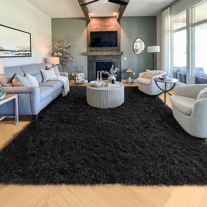 PAGISOFE 6x9 Ft Fluffy Bedroom Rugs, Black Modern Living Room Area Rug, Fuzzy Shaggy Carpet, Indoor Plush Nursery Rugs for Kids Room, Furry Floor Rug for Boys Room, Carpet for Teen Dorm Room Decor